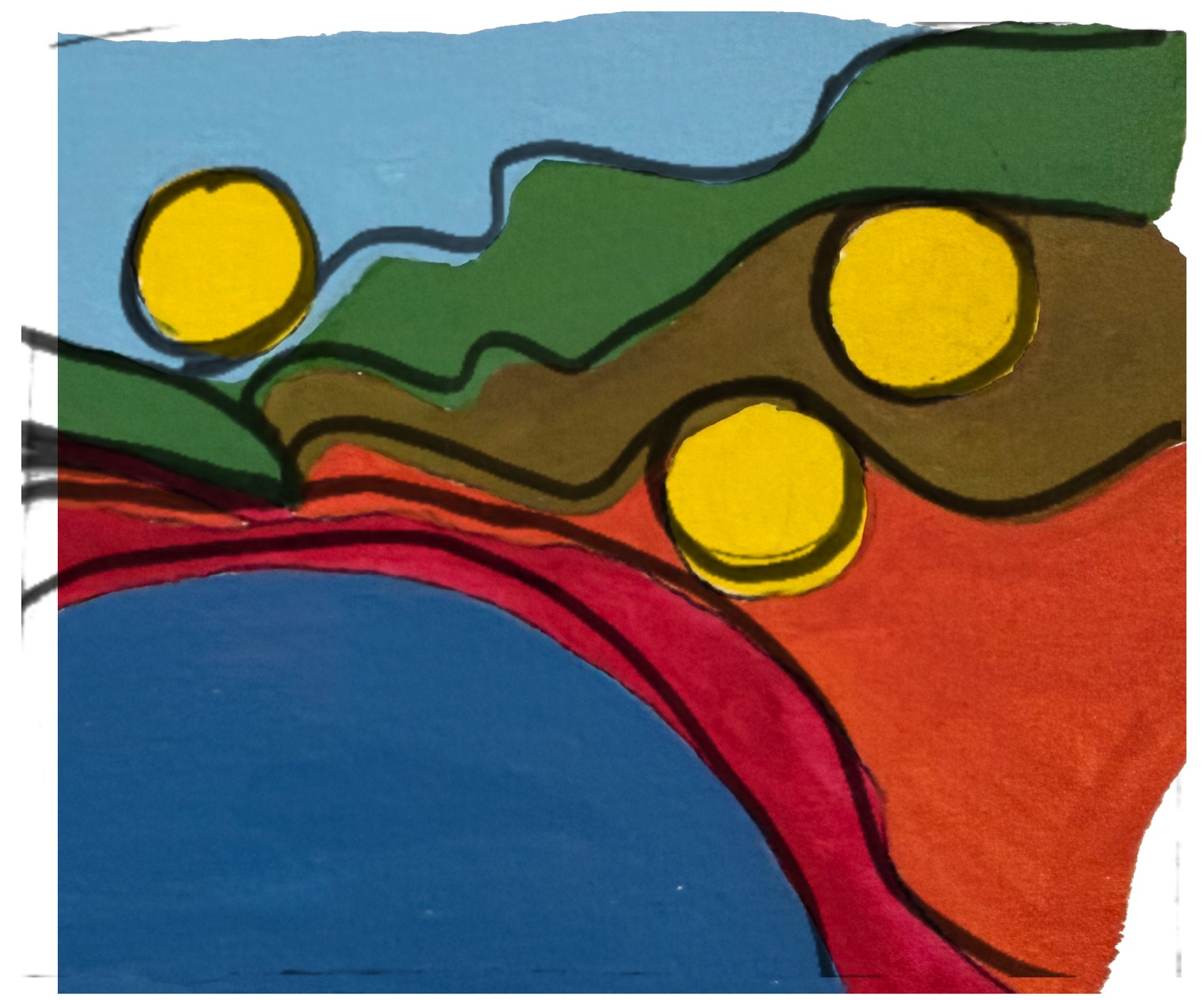 Original Diverse Routes artwork — painted horizons of sky, hills, red earth and water with a track winding through